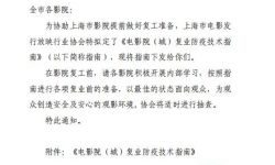 上海市下发复业防疫技术指南通知  协助影院做好复工准备