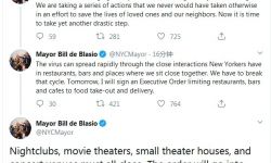 为应对新冠疫情，纽约市长命令全市电影院小剧场关门 